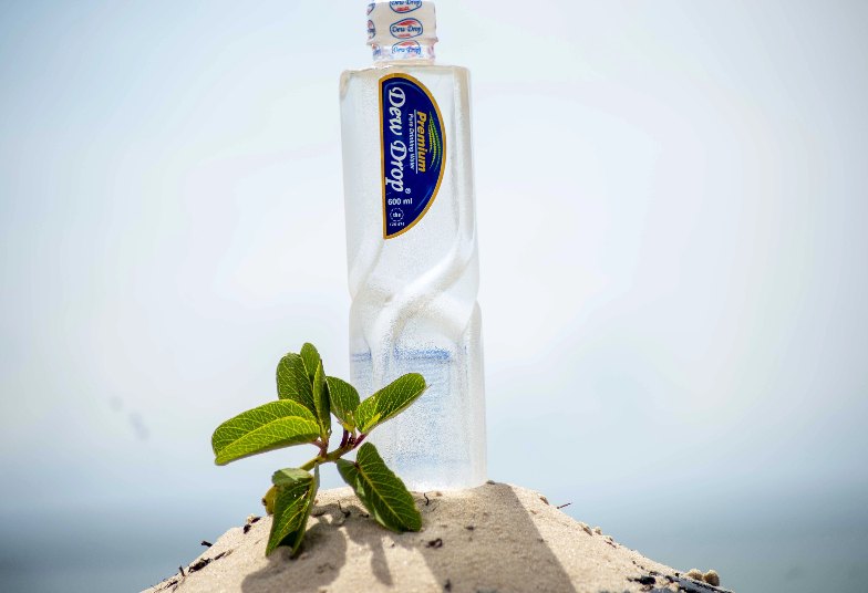Dew Drop Premium bottle on sand with a young plant